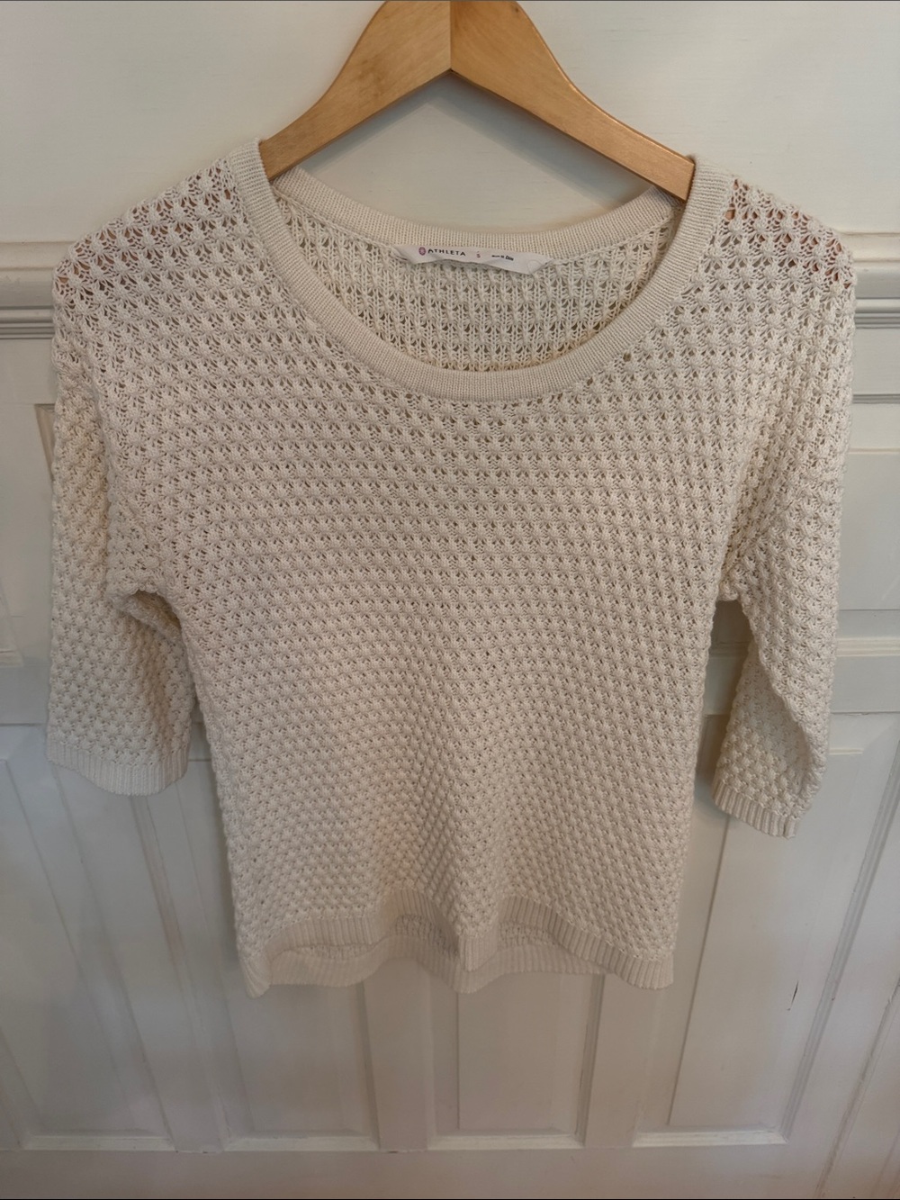 Athleta Cream Open-Knit Short Sleeve Sweater
